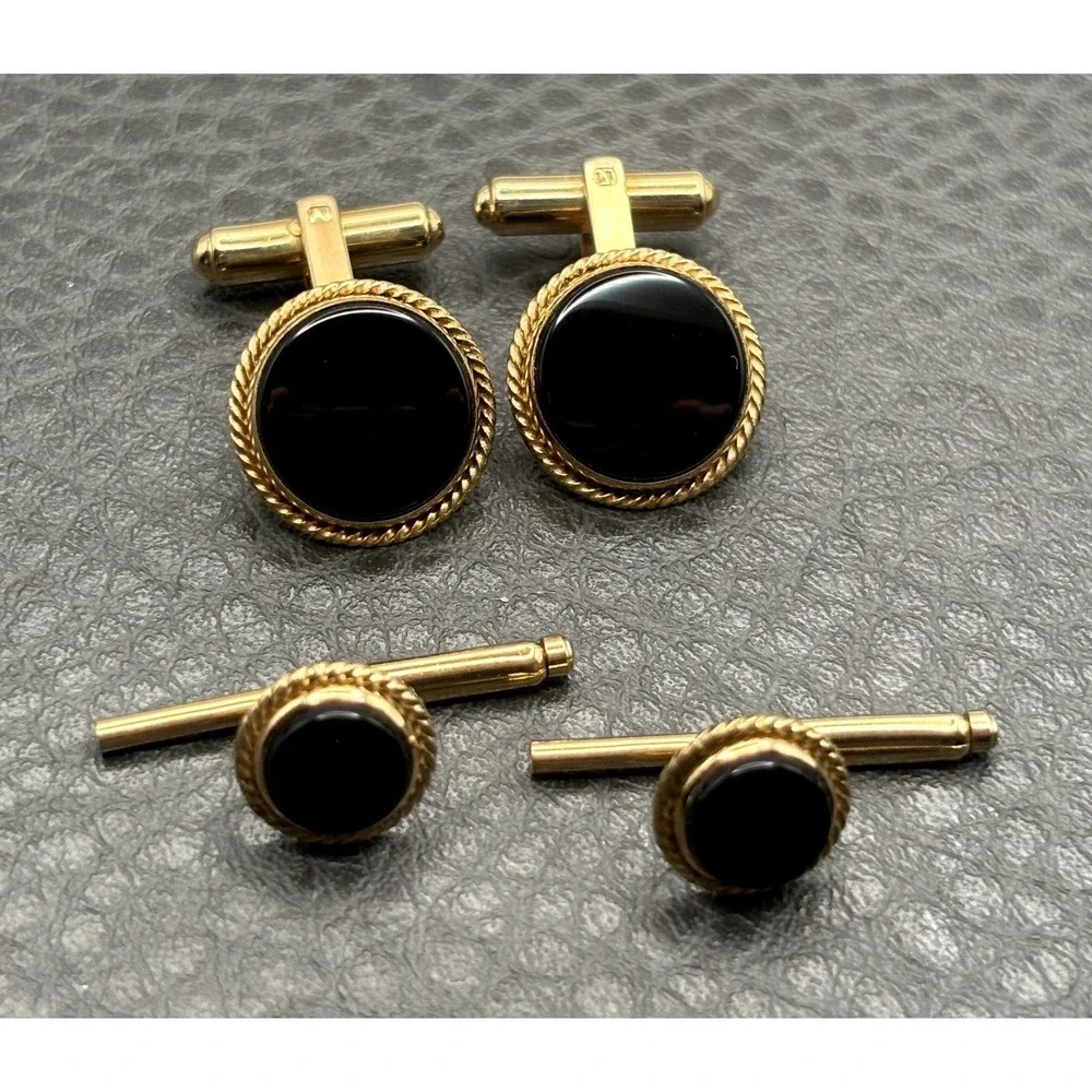 Vintage 14K Gold Filled Black Onyx Cufflinks Cuff Buttons Set 4pc